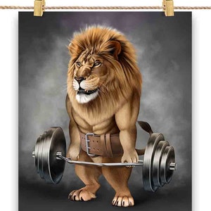 Entraînement musculaire du lion avec haltères, haltères, salle de sport, salle de sport - impression d'affiche, art mural, décoration d'intérieur et carte postale - PrintStarTee
