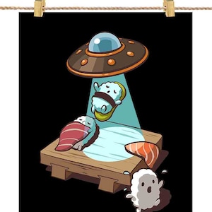 Abdução divertida de sushi por alienígenas OVNIs - impressão de pôster, arte de parede, decoração de casa e cartão postal - PrintStarTee