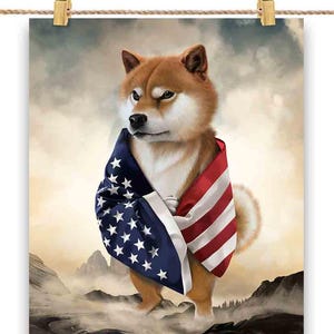 Écharpe pour chien Shiba Titan dans le drapeau des États-Unis se tenir debout parmi la montagne - impression d'affiche, art mural, décoration d'intérieur et carte postale - PrintStarTee