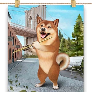 Shiba Dog tocando flauta na ponte do Brooklyn em Nova York - impressão de pôster, arte de parede, decoração de casa e cartão postal - PrintStarTee