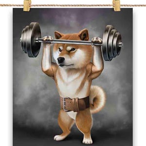 Entraînement de presse aérienne d'haltères pour chien Shiba à la salle de sport - impression d'affiche, art mural, décoration d'intérieur et carte postale - PrintStarTee