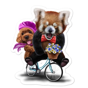 Panda rojo anda en bicicleta con un lindo perro caniche en una cita romántica: pegatinas sin burbujas, pegatina para ordenador portátil, pegatina para teléfono, etiqueta o pegatina