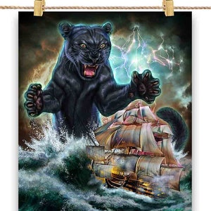 モンスターパンサーキャットが海上でイギリス海軍の船を待ち伏せ - ポスタープリント、ウォールアート、ホームデコレーション、ポストカード - PrintStarTee