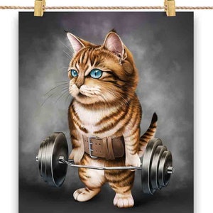 Entraînement musculaire de chat tigré orange avec haltères, barre d'épaules, salle de sport - impression d'affiche, art mural, décoration d'intérieur et carte postale - PrintStarTee
