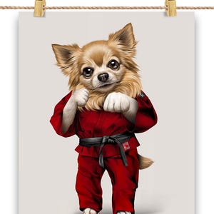 Karate und Judo Champion mit Chihuahua Hund Sensei in rotem Gi - Poster Druck, Wandkunst, Home Decor und Postkarte von PrintStarTee