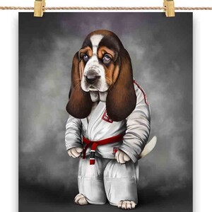 Basset Hound Dog, artiste martial en judogi blanc : judo et karaté - affiche, art mural, décoration d'intérieur et carte postale - PrintStarTee