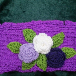 Hand Knitted Wool Headband: Purple Floral Design