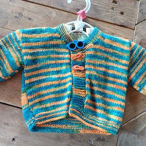 Bright Striped, Hand Knitted Woollen Childrens Cardigan, with tropical design.