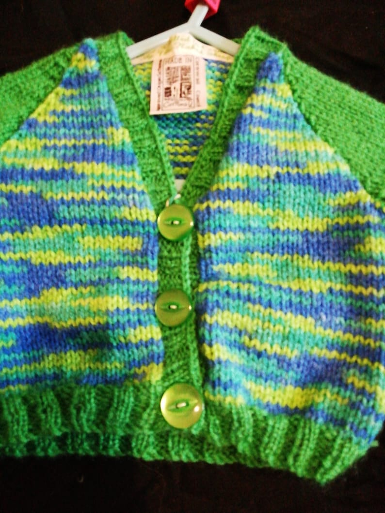 Green and Blue cardigan 0-3 months Hand Knitted