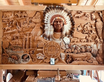 Altorilievo scolpito in legno di "cirmolo" delle Dolomiti Indiani d'America