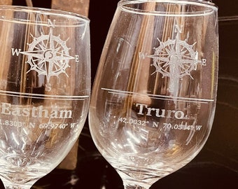 Cape Cod Towns Location Coordinates Nautical Compass All Purpose Stemmed Wine Glass Laser Engraved Can be Personalized 3 Sizes Available