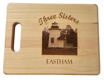 Three Sisters Eastham Lighthouse Cutting Board with Handle 8 x 12" Made from Sustainable Alder Wood  or USA Maple Can Be Personalized