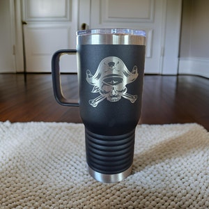 Pirate Travel Mug with handle and Lid 20 Ounce Polar Camel Vacuum Double Wall Insulated Laser Engraved Can be Personalized 17 Colors