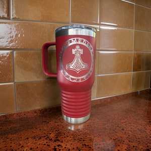 Mjölnir Thor&#39;s Hammer Travel Mug w/ handle Slider Lid 20 Oz Vacuum Double Wall Insulated Laser Engraved  17 Colors Available