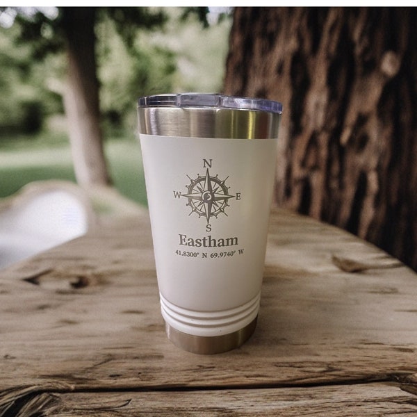 Cape Cod Towns Nautical Compass w/ Coordinates 16 oz  Pint with Slider Lid Ringneck Vacuum Double Wall Insulated Tumbler Can be Personalized