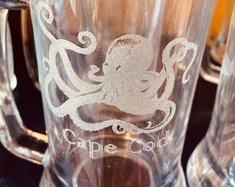 Octopus Glass Beer Mug Laser Engraved Can be Personalized Holds 16 Ounces Heavy Duty