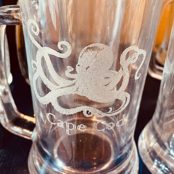 Octopus Glass Beer Mug Laser Engraved Can be Personalized Holds 16 Ounces Heavy Duty