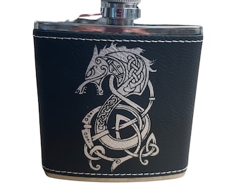 Fenrir Viking Wolf Stainless Steel Leatherette Hip Flask Laser 19 Colors Available