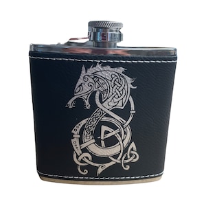 Fenrir Viking Wolf Stainless Steel Leatherette Hip Flask Laser Engraved 6 Ounces 4" x 4.5"  Can be Personalized 19 Colors Available