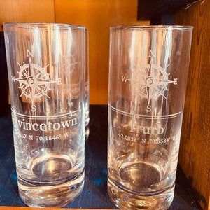 Cape Cod Coordinates Tom Collins Mojito Glass with Nautical Compass Rose Design Can Be Personalized with the Text and Location 11.5 ounces