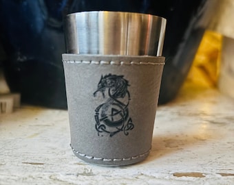 Viking Wolf Shot Glass Can be Personalized Laser Engraved Leatherette and Stainless Steel