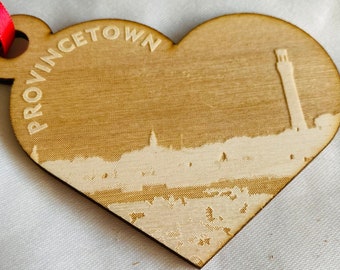 Provincetown Heart Ornament with Pilgrim Monument and Cape Cod Bay Shoreline Made from Sustainable Wood can be Personalized
