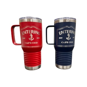Entering Cape Cod Towns Travel Mug with handle and Slider Lid Ringneck Vacuum Double Wall Insulated Stainless Steel Can be Personalized