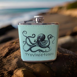 Cape Cod Towns Octopus Stainless Steel Leatherette Hip Flask Laser Engraved 6 Ounces 4&quot; x 4.5&quot; Can be Personalized 19 Colors