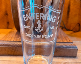 Entering Cape Cod Towns Pint Mixing Glass with Anchor  Design Holds 16 Ounces Laser Engraved Can be Personalized Clear or Cobalt Blue