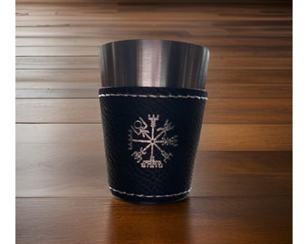 Viking Compass Shot Glass Can be Personalized Laser Engraved Leatherette and Stainless Steel