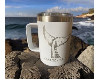 Whale Tail Travel Coffee Mug with Slider Lid 15 Ounce Vacuum Insulated Laser Engraved Can be Personalized 16 Colors