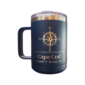 Cape Cod Towns Nautical Compass with Coordinates 15 Oz Travel Coffee Cup with Slider Lid Ringneck Vacuum Insulated  Can be Personalized