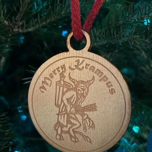 Merry Krampus Ornament Made from Sustainable Wood Can be Personalized with Red or White Rope Hanger