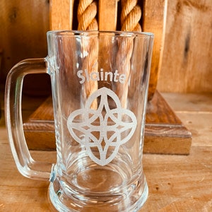 Celtic Tankard Sláinte Glass Beer Mug with Daria Knot Laser Engraved Can be Personalized Holds 16 Ounces Heavy Bottom