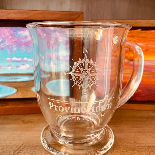 Cape Cod Towns Coordinates XL Glass Coffee Mug w Compass Rose Design Holds 16 Ounces Laser Engraved Can be Personalized Choose Your Location