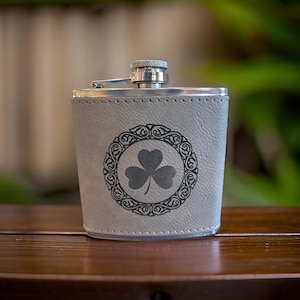 Shamrock Stainless Steel Leatherette Hip Flask Laser Engraved 6 Ounces 4&quot; x 4.5&quot;  Can be Personalized 19 Colors Available