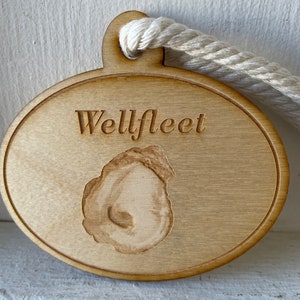 Wellfleet Oyster Ornament Made from Sustainable Wood with Cotton Rope Hanger Can Be Personalized