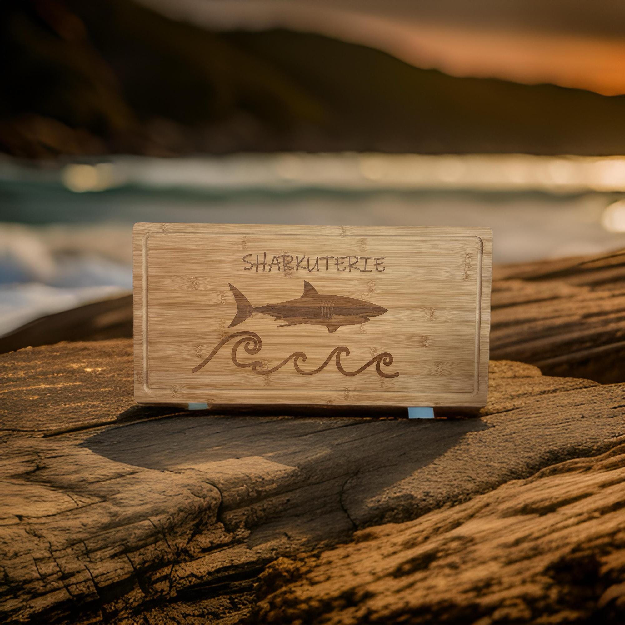 Sharkuterie Board with Drip Ring Laser Engraved Bamboo Can Be Personalized XL and XS sizes available