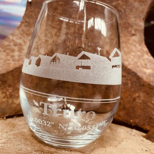 Truro Stemless Wine Glass Laser Engraved Days Cottages Design Can be Personalized 3 Sizes Available