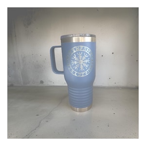 Helm of Awe Travel Mug w/ handle  Lid 20 Oz Vacuum Double Wall Insulated Laser Engraved  17 Colors Available