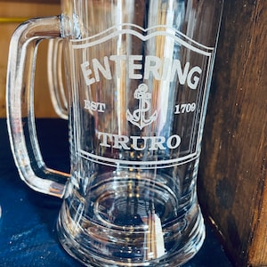 Entering Cape Cod Towns Glass Beer Mug with Anchor Design Holds 16 Ounces Laser Engraved Can be Personalized