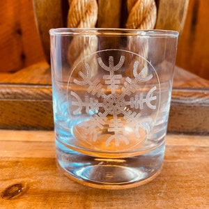 Viking Helm of Awe Whiskey Glass with Heavy Bottom  Laser Engraved Rocks Glass Can be Personalized