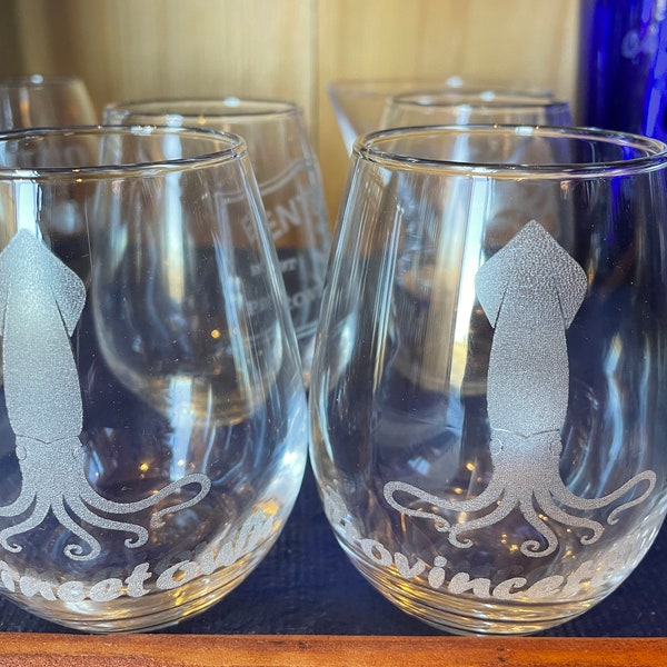 Squid Tall Stemless Wine Glass Holds 12 Ounces Laser Engraved Can be Personalized