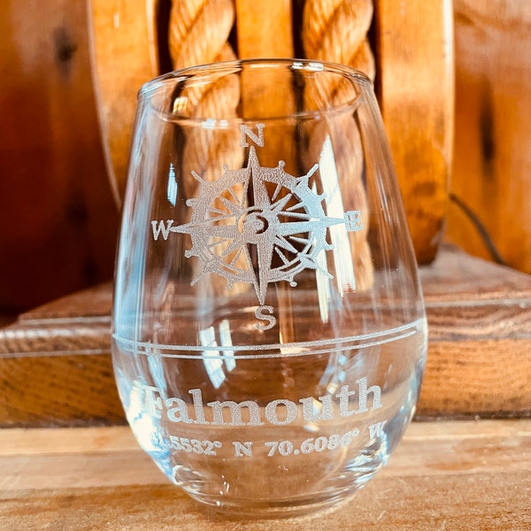 Location Coordinates 12 Ounce Tall Stemless Wine Glass with Nautical Compass Rose Design Can Be Personalized