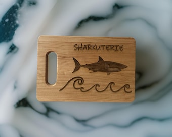 Sharkuterie Board with Handle Laser Engraved Made from USA Maple Can Be Personalized Comes in 3 Sizes
