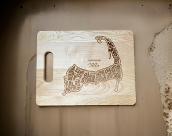 Cape Cod Map with Towns Cheese  Board with Handle 3 Sizes Available Made from USA Maple Can Be Personalized