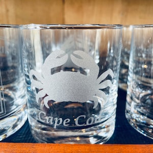 Cape Cod Crab Whiskey Glass Can be Personalized with the Town or Text of Your Choice Laser Engraved with a Heavy Bottom 2 Sizes Available