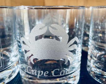 Cape Cod Crab Whiskey Glass Can be Personalized with the Town or Text of Your Choice Laser Engraved with a Heavy Bottom