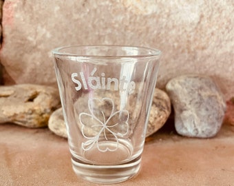 Shamrock Irish Cheers 2 Ounce Shot Glass Laser Engraved Can Be Personalized