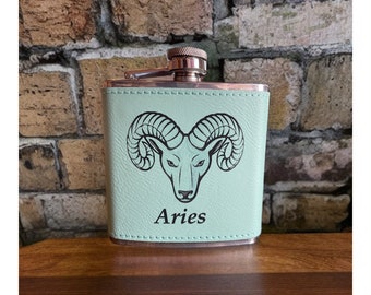 Signs of the Zodiac Hip Flask Stainless Steel Holds 6 Ounces Laser Engraved Leatherette 4" x 4.5" Can be Personalized Choose from 18 Colors